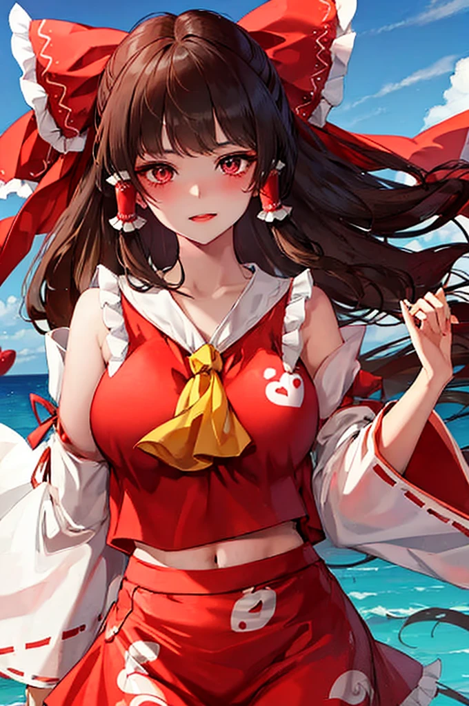 gorgoeous woman, hakurei reimu, teasing look, looking at viewer, blushing face, heart in eyes, high quality, 4k