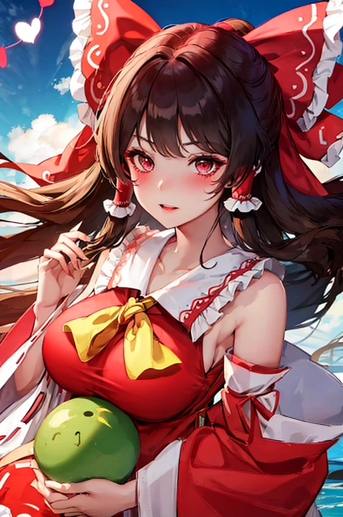 gorgoeous woman, hakurei reimu, teasing look, looking at viewer, blushing face, heart in eyes, high quality, 4k