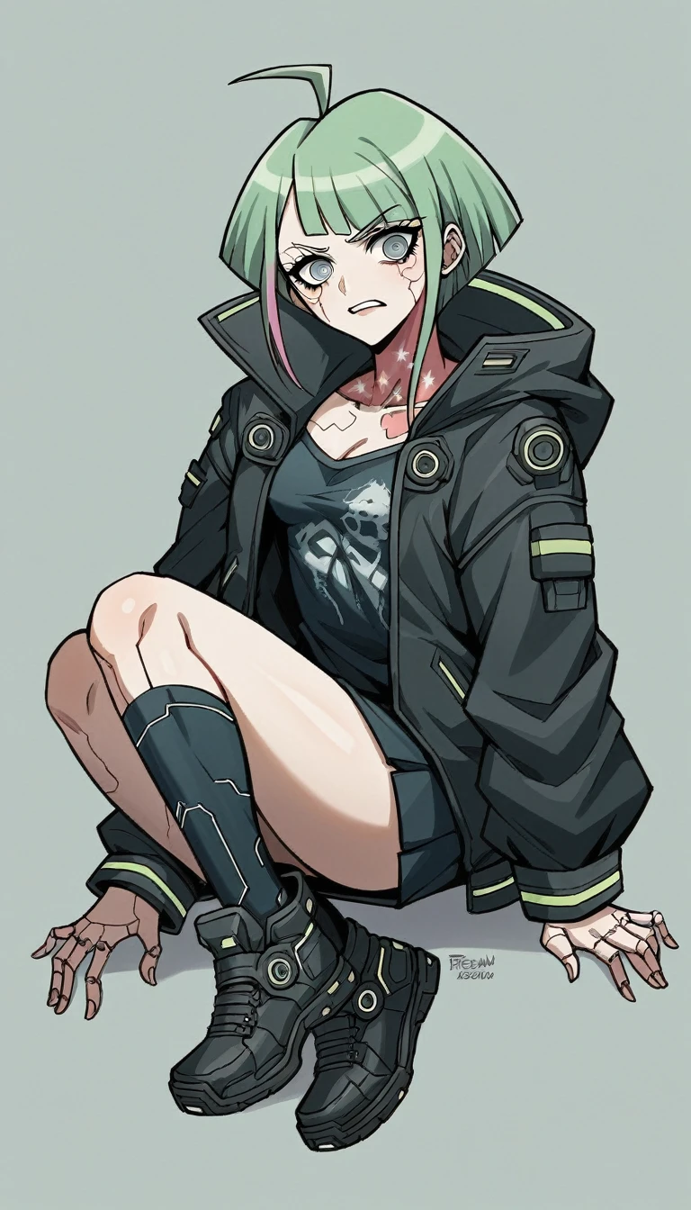Anime girl in a black outfit and black shoes posing for a photo, cyberpunk art inspired by rossdraws, pixiv contest winner, potholes art, female cyberpunk anime girl, danganronpa digital art, digital anime illustration, cyberpunk anime girl, cyberpunk anime girl in hoodie, digital anime art, cyberpunk anime digital art, anime girl in a black dress