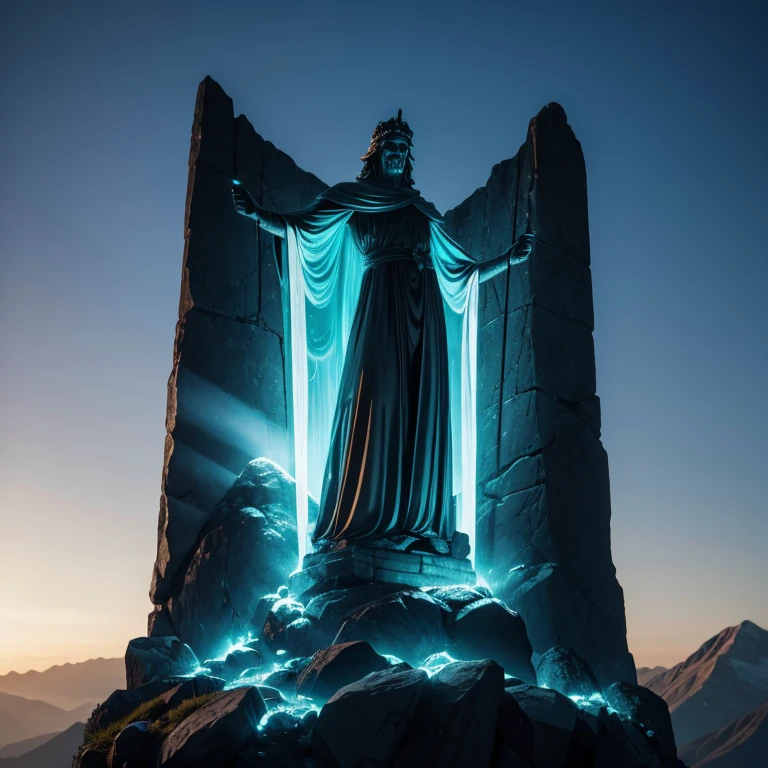 Estatua de un dios espectral, in a mysterious environment and among mountains, iluminacion suave, 