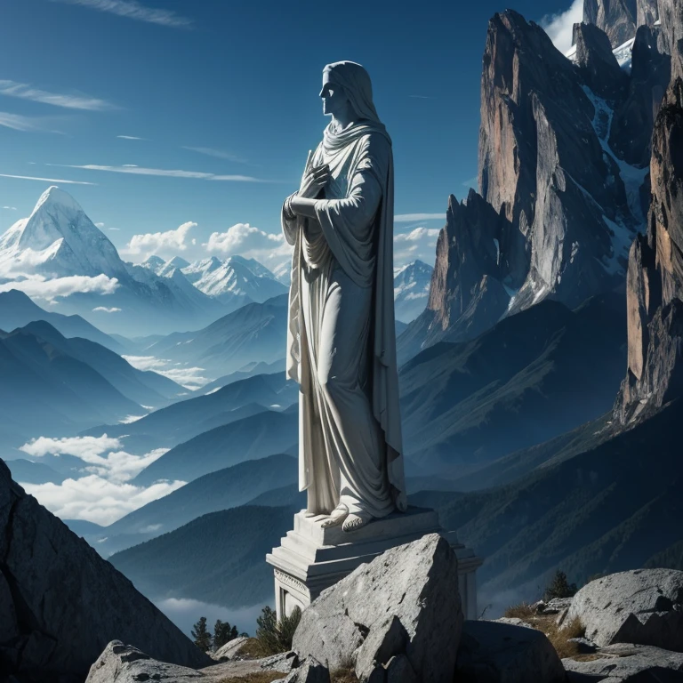 Estatua de un dios espectral, in a mysterious environment and among mountains, iluminacion suave, 