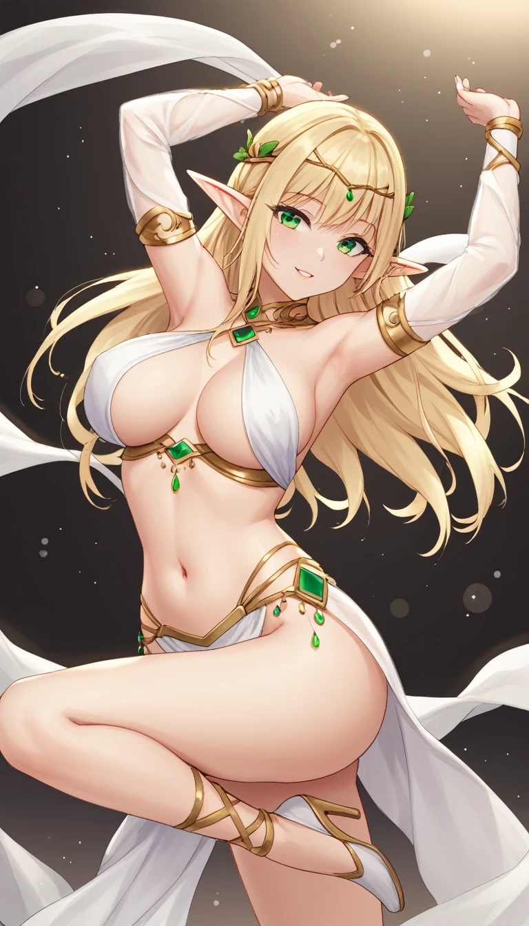 1 girl, elf ears, blonde hair, green eyes,wearing a white arabic costume , sexy,dancing, sensual 