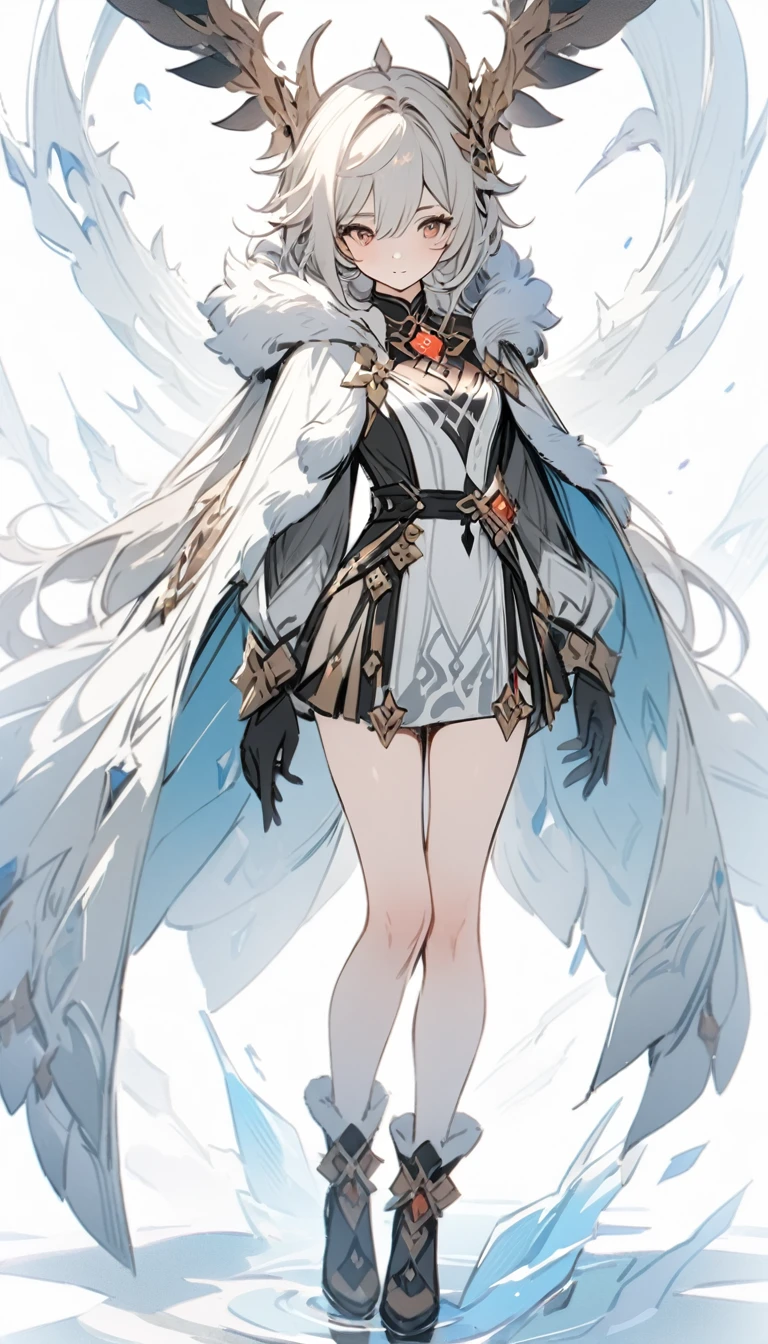 ((masterpiece)), ((best quality)), ((high resolution)), full body, standing, white backgroun, fantasy, genshin clothes, fur mantel, fur cloak, genshin outfit, fantasy theme, red,