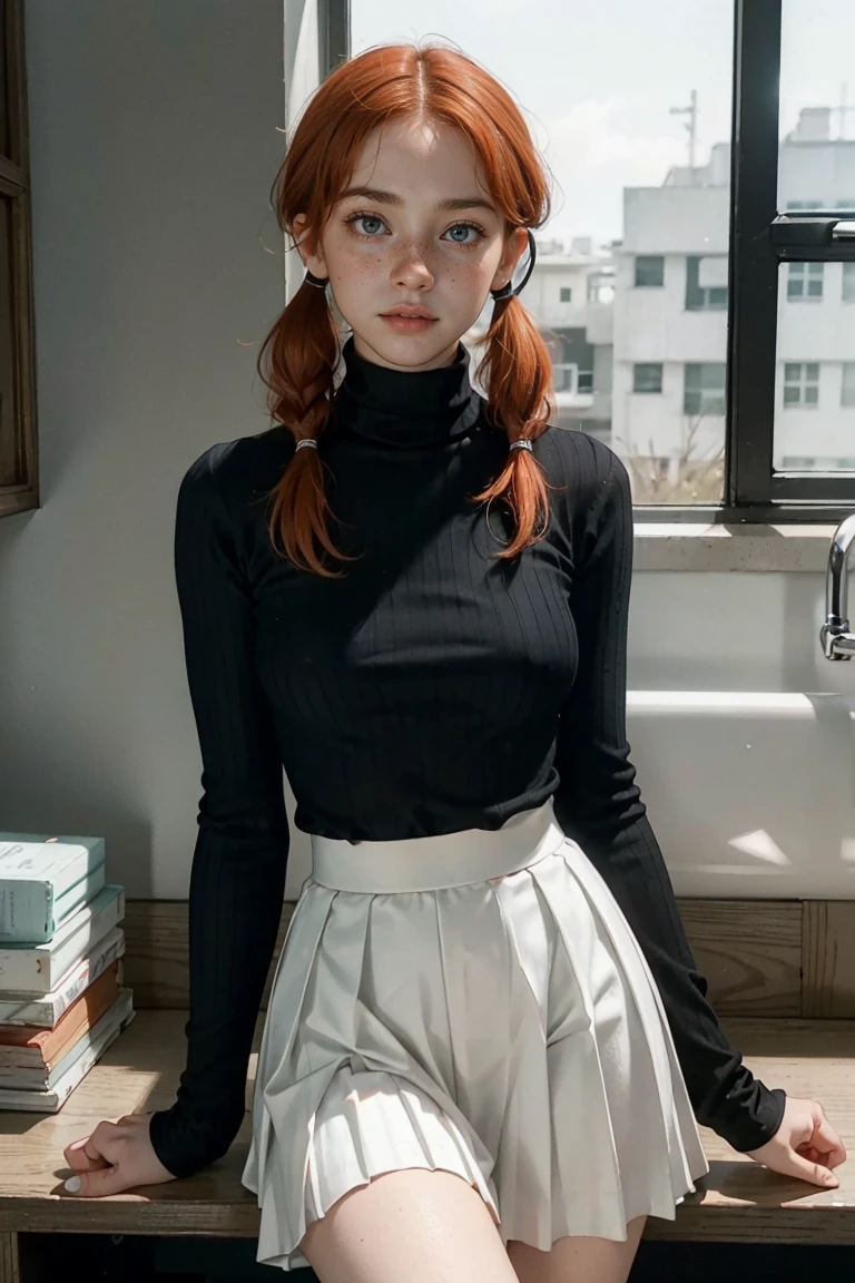 1girl, ginger, freckled face, face freckles, rosy, contemptuous look, 1 girl, solo, pigtails haircut,pale skin, big breasts, stand sexy pose, beautiful, ((pleated skirt)), ((black turtleneck)), cold palette