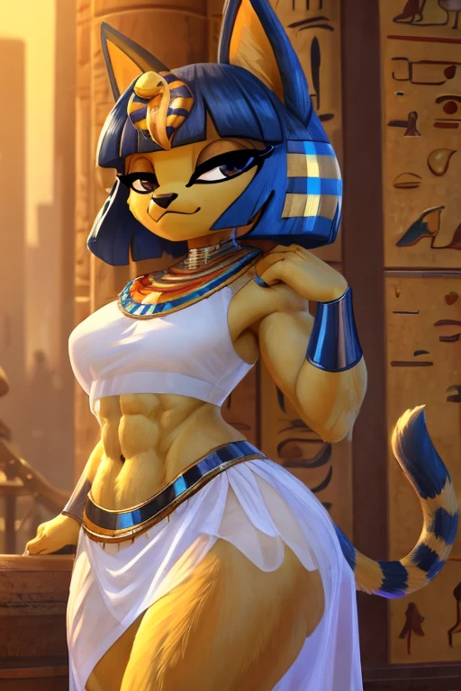 ((best quality)), ((masterpiece)), ((detailed)), ((furry)), trending on artstation, furry style, anthro style, a digital sideview artwork of a sexy ankha with abs wearing a crop top of her sleeveless white dress with very long white dress skirt, a bare midriff, a bare navel, and an exposed belly button, Egyptian setting, smug face, blue Egyptian blue handbands