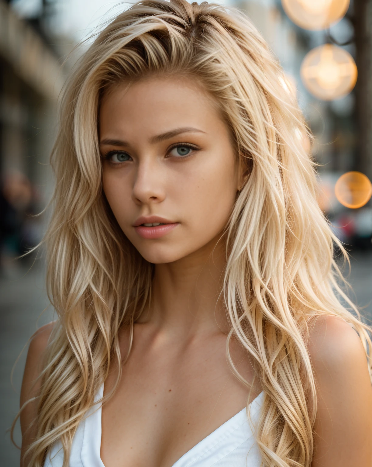 portrait photo of a beautiful blonde girl. aesthetic portrait, 1girl,solo, long hair, bokeh, depth of field, cinematic, nighttime , aesthetic portrait,b3rli,ch3ls3a, perfect anatomy. 