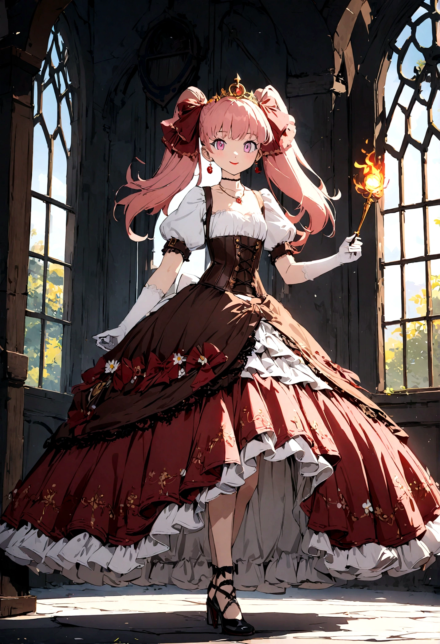 (best quality,4k,8k,highres,masterpiece:1.2),ultra-detailed, Pretty 15 years old princess, drawn in anime style, is cute and happy, long red pigtails hair, pink eyes, small breast, makeup and lipstick, steampunk, red and white ball gown with puffy sleeves, physically-based rendering,gorgeous frilly dress design,flowing gown,elaborate lace details,rich textures,contrast stitching,delicate ribbon bows,floral accents, daisy flowers embroidery, full skirt,short sleeves,fitted waistline,flared cuffs,lace-up back,luxurious fabrics,flawless silhouette, petticoat, bloomers, bustle, corset, hair ribbons, white elbow gloves, ruby earrings and necklace, gold tiara, high heels, wielding a fire magic wand, standing in castle bedroom, highly detailed, 4K.