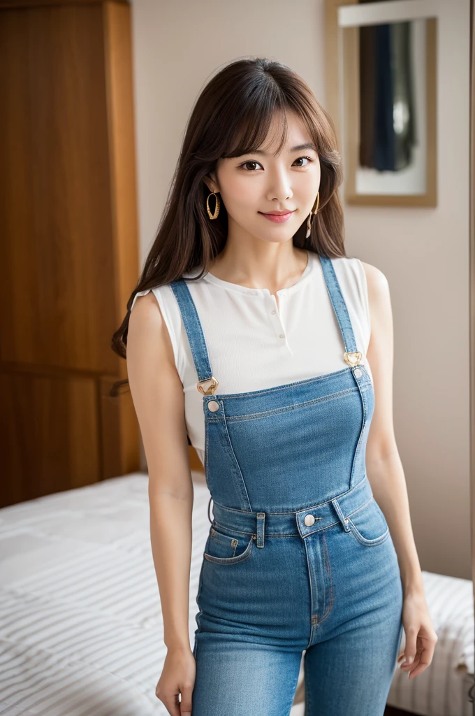 Lover's room,Apartment manager,((full body)),((photo)),((best qualtiy, 8K, tmasterpiece:1.3)), Focus:1.2, perfect figure beautiful woman:1.4,1woman,cowboy shot,look at viewer,incredibly absurd, beautiful and cute woman with a photorealistic face, showcasing top-quality craftsmanship, A Japanese woman inspecting the equipment in her room, 31 years old, shoulder-length, medium-long brown hair, wavy and shiny, with bangs, round face, big brown eyes, soft smile, neat eyebrows, small nose, plump lips, white skin, smooth skin, healthy complexion, healthy, glamorous, large butt, 157cm tall, G-cup breasts, white blouse, dark blue jeans, beige vest, small gold earrings, silver watch, pretty older woman, beautiful, married woman, neat, cute voice, calm, kind, responsible, curious, gentle, May