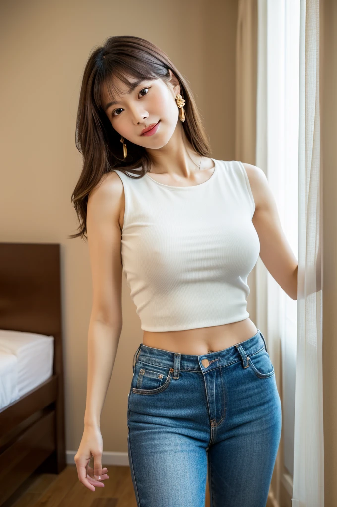 Lover's room,Apartment manager,((full body)),((photo)),((best qualtiy, 8K, tmasterpiece:1.3)), Focus:1.2, perfect figure beautiful woman:1.4,1woman,cowboy shot,look at viewer,incredibly absurd, beautiful and cute woman with a photorealistic face, showcasing top-quality craftsmanship, A Japanese woman inspecting the equipment in her room, 31 years old, shoulder-length, medium-long brown hair, wavy and shiny, with bangs, round face, big brown eyes, soft smile, neat eyebrows, small nose, plump lips, white skin, smooth skin, healthy complexion, healthy, glamorous, large butt, 157cm tall, G-cup breasts, white blouse, dark blue jeans, beige vest, small gold earrings, silver watch, pretty older woman, beautiful, married woman, neat, cute voice, calm, kind, responsible, curious, gentle, May