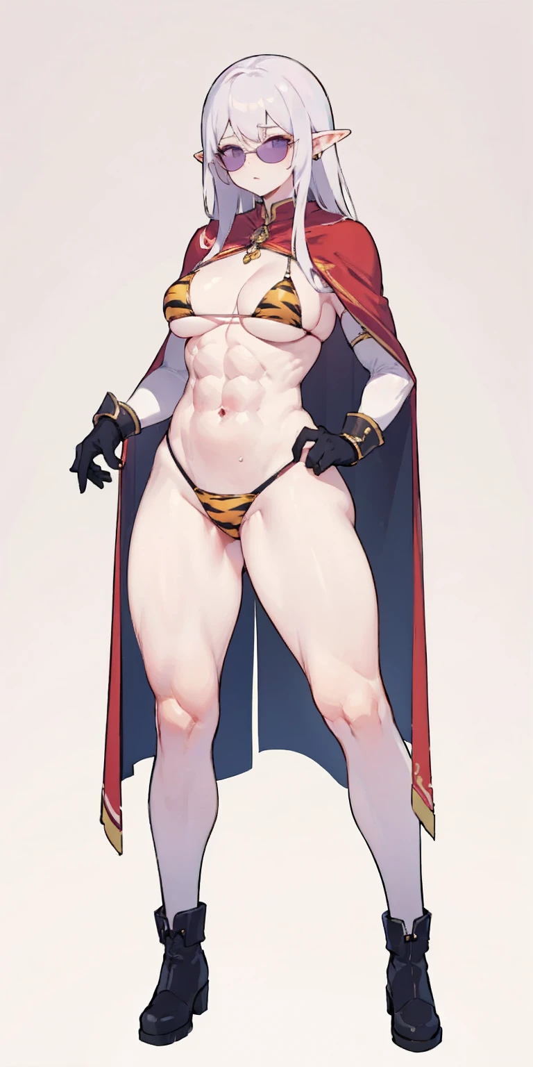 Full body, masterpiece, 1solofemale drow elf purple skin standing pose (yellow tiger bikini) red cape, red bikini, long white hair, strong body, abs, Ultra Quality, shiny skin, Atmospheric, 8K, Cinematic ((PLAIN WHITE background)) BREAK, sunglasses