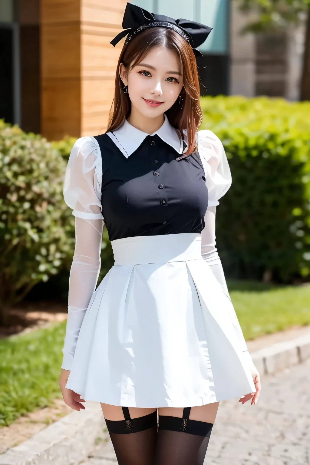 (((masterpiece))), (((highest quality: 1.4))), ((Super detailed: 1.4)) , Ulzzang-6500-v1.1, (RAW Photos:1.2), (Realistic), (See through:1.3), (masterpiece), (Genuine:1.4), Very detailed, Sharp focus, tensura:bright valentine、One beautiful woman, ((Beautiful and shiny silver hair))、Fine grain、Detailed face、((The right eye is red、The left eye is blue))、Gothic Lolita Maid Clothing、Knee-high socks、