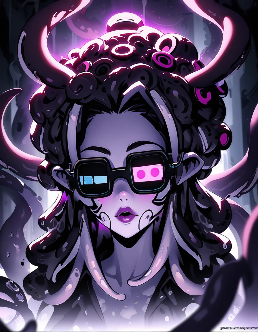 (dark biopunk art), (tentacle biopunk atmosphere), (beautiful biopunk girl), pale skin, pale tentacle hair, long hair, (open forehead), pale pink eyes, black styled squared sunglasses, (dark lighting), many shadows, cold lights, biopunk art