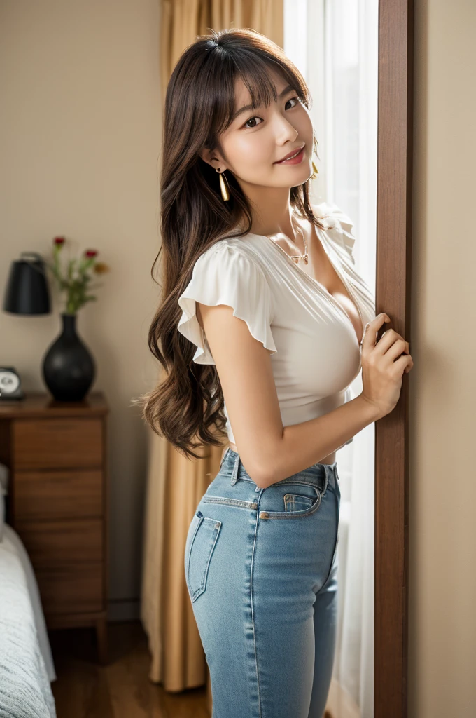 Lover's room,Apartment manager,((full body)),((photo)),((best qualtiy, 8K, tmasterpiece:1.3)), Focus:1.2, perfect figure beautiful woman:1.4,1woman,cowboy shot,look at viewer,incredibly absurd, beautiful and cute woman with a photorealistic face, showcasing top-quality craftsmanship, A Japanese woman inspecting the equipment in her room, 31 years old, shoulder-length, medium-long brown hair, wavy and shiny, with bangs, round face, big brown eyes, soft smile, neat eyebrows, small nose, plump lips, white skin, smooth skin, healthy complexion, healthy, glamorous, large butt, 157cm tall, G-cup breasts, white blouse, dark blue jeans, beige vest, small gold earrings, silver watch, pretty older woman, beautiful, married woman, neat, cute voice, calm, kind, responsible, curious, gentle, May