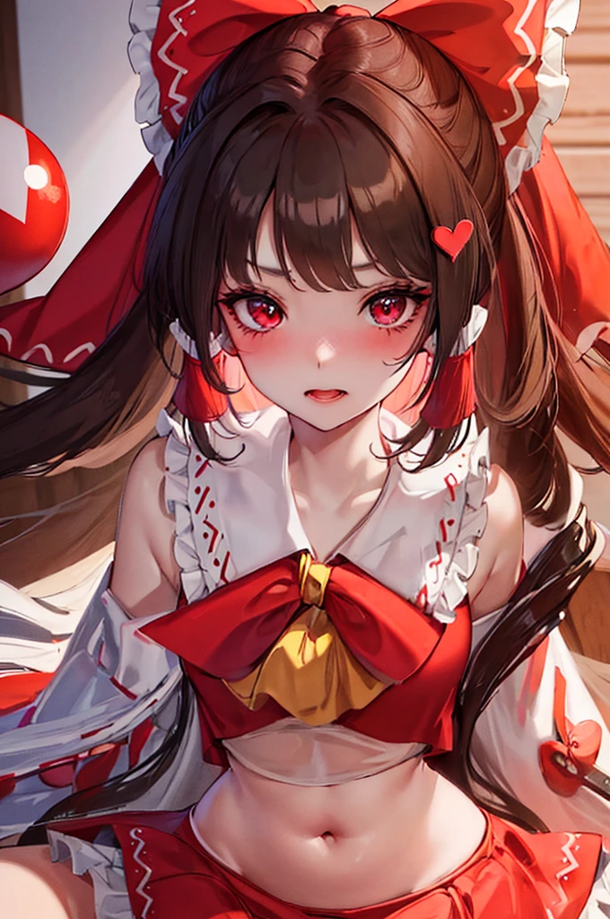 gorgoeous woman, hakurei reimu, teasing look, looking at viewer, blushing face, heart in eyes, high quality, 4k, well detailed, perfect body, beautifull face, suggestiv pose