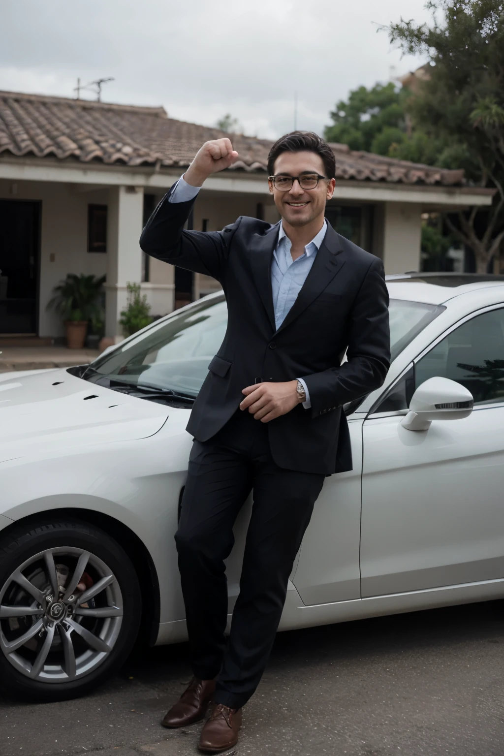 ultra realistic, white man, real life, celebrating, suit, with brazilian house and car in the background, short black hair, muscular, humble, happiness, specialist, salesman, glasses, sit idly by, brazilian man