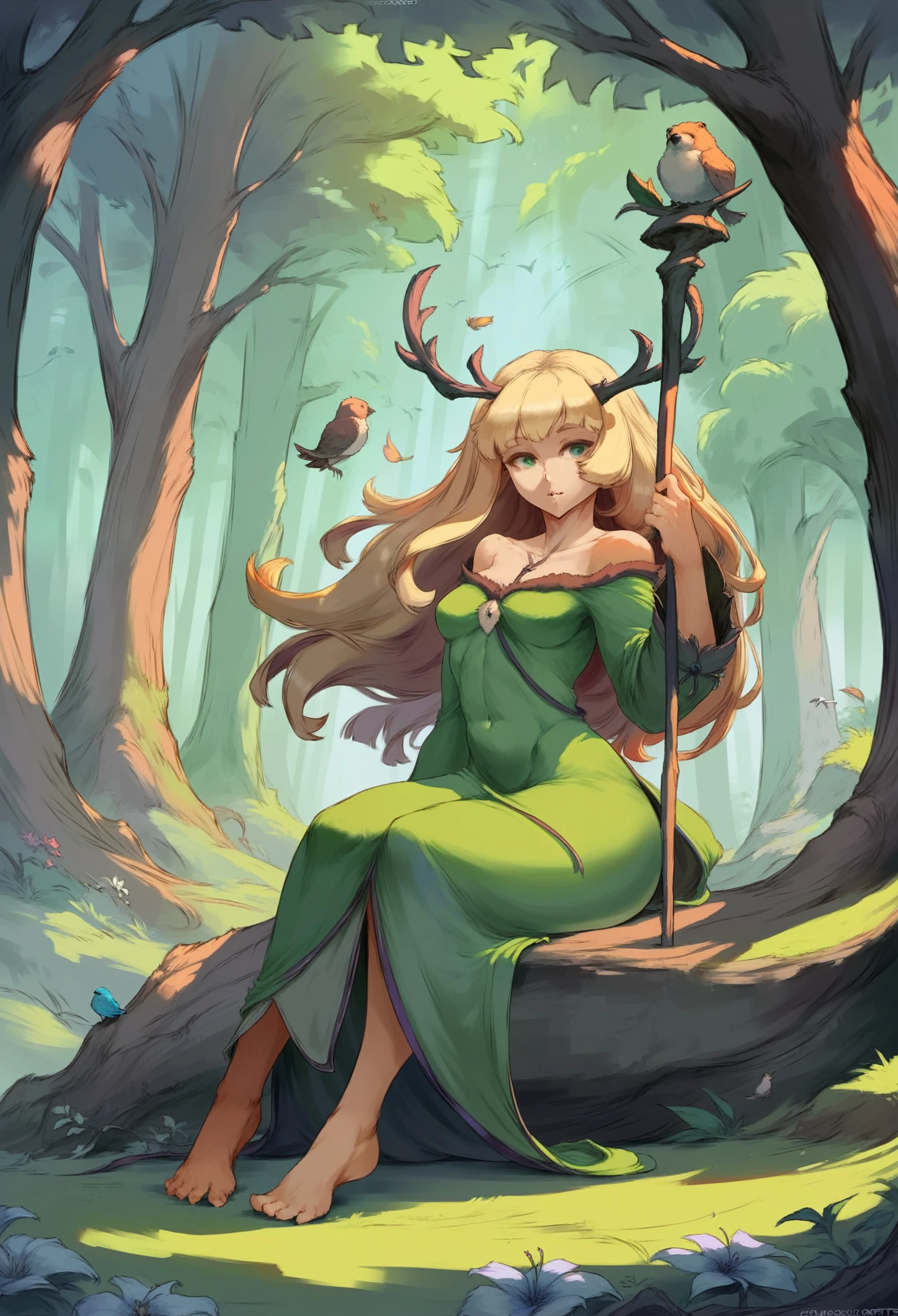cutesexyrobutts style, 1girl, long_hair, bird, green_eyes, flower, hair_flower, barefoot, sitting, blonde_hair, nature, smile, open_mouth, hair_ornament, leaf, animal, dress, sunlight, solo, horns, bear, very_long_hair, antlers, forest, tree, staff, light_rays, outdoors, long_sleeves, outstretched_arm