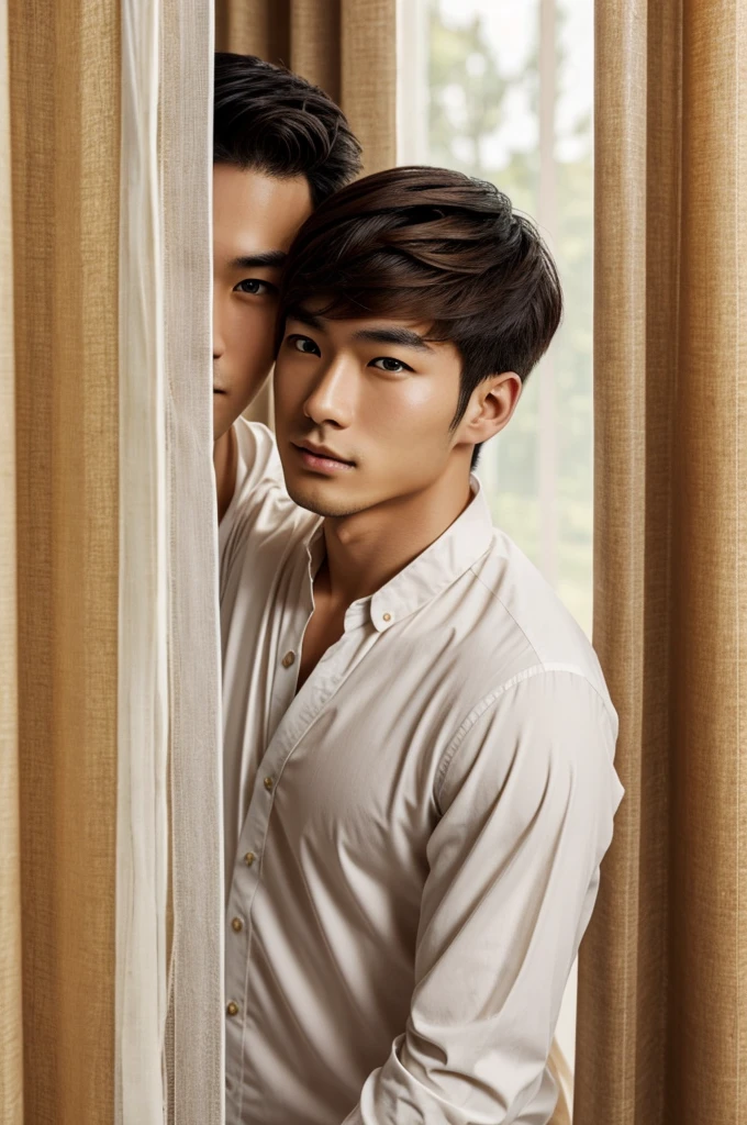 Handsome japanese young man with Brown hair and golden eyes. Smooth skin and no facial hair. His haïr is split in curtains.