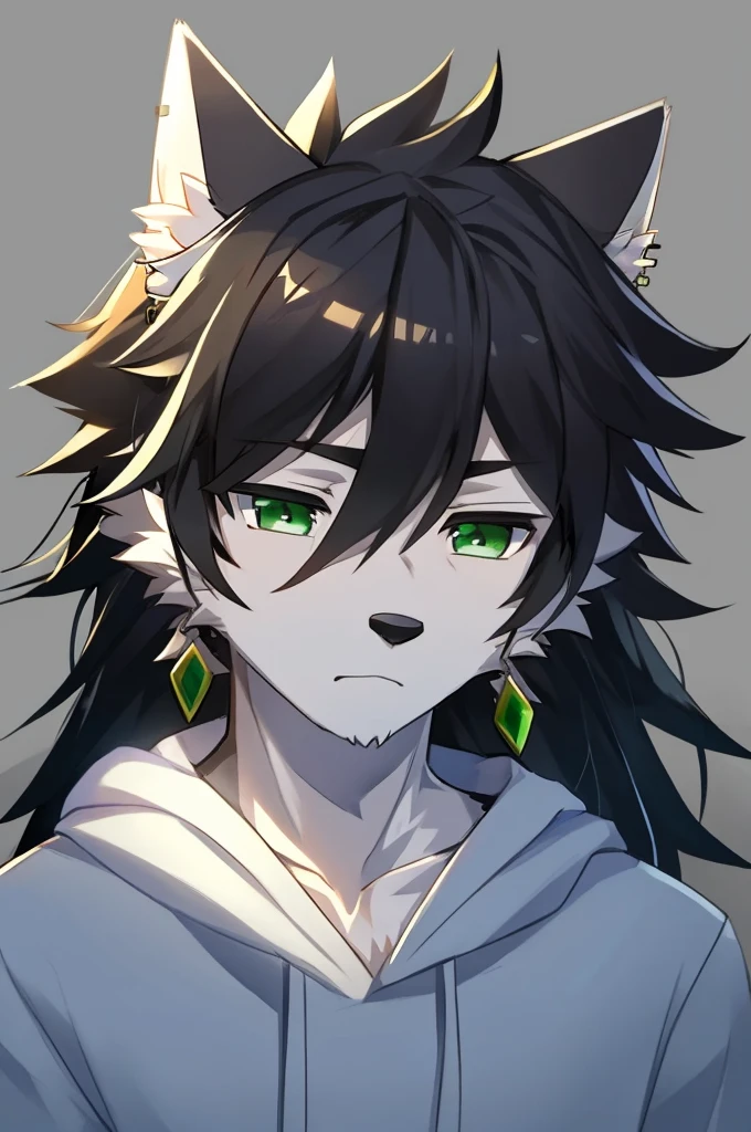 Wolf、Handsome、Messy Hair、Wearing a white hoodie、A tired face、Simple Background、Black Hair、Black Ear、Green Eyes、The whole body is visible、Looking this way、Earrings、dark