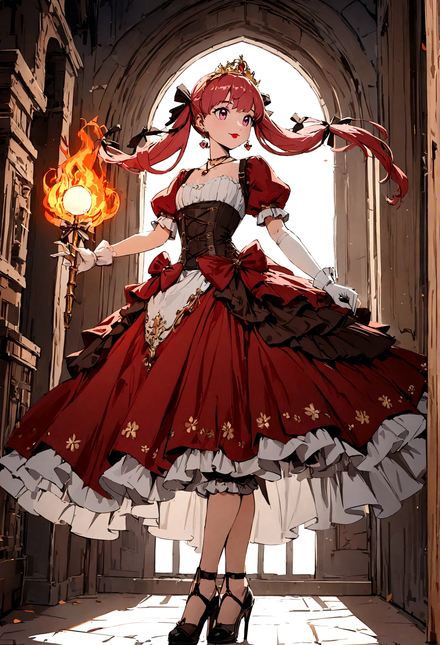 (best quality,4k,8k,highres,masterpiece:1.2),ultra-detailed, Pretty 15 years old princess, drawn in anime style, is cute and happy, long red pigtails hair, pink eyes, small breast, makeup and lipstick, steampunk, red and white ball gown with puffy sleeves, physically-based rendering,gorgeous frilly dress design,flowing gown,elaborate lace details,rich textures,contrast stitching,delicate ribbon bows,floral accents, daisy flowers embroidery, full skirt,short sleeves,fitted waistline,flared cuffs,lace-up back,luxurious fabrics,flawless silhouette, petticoat, bloomers, bustle, corset, hair ribbons, white elbow gloves, ruby earrings and necklace, gold tiara, high heels, wielding a fire magic wand, standing in castle bedroom, highly detailed, 4K.