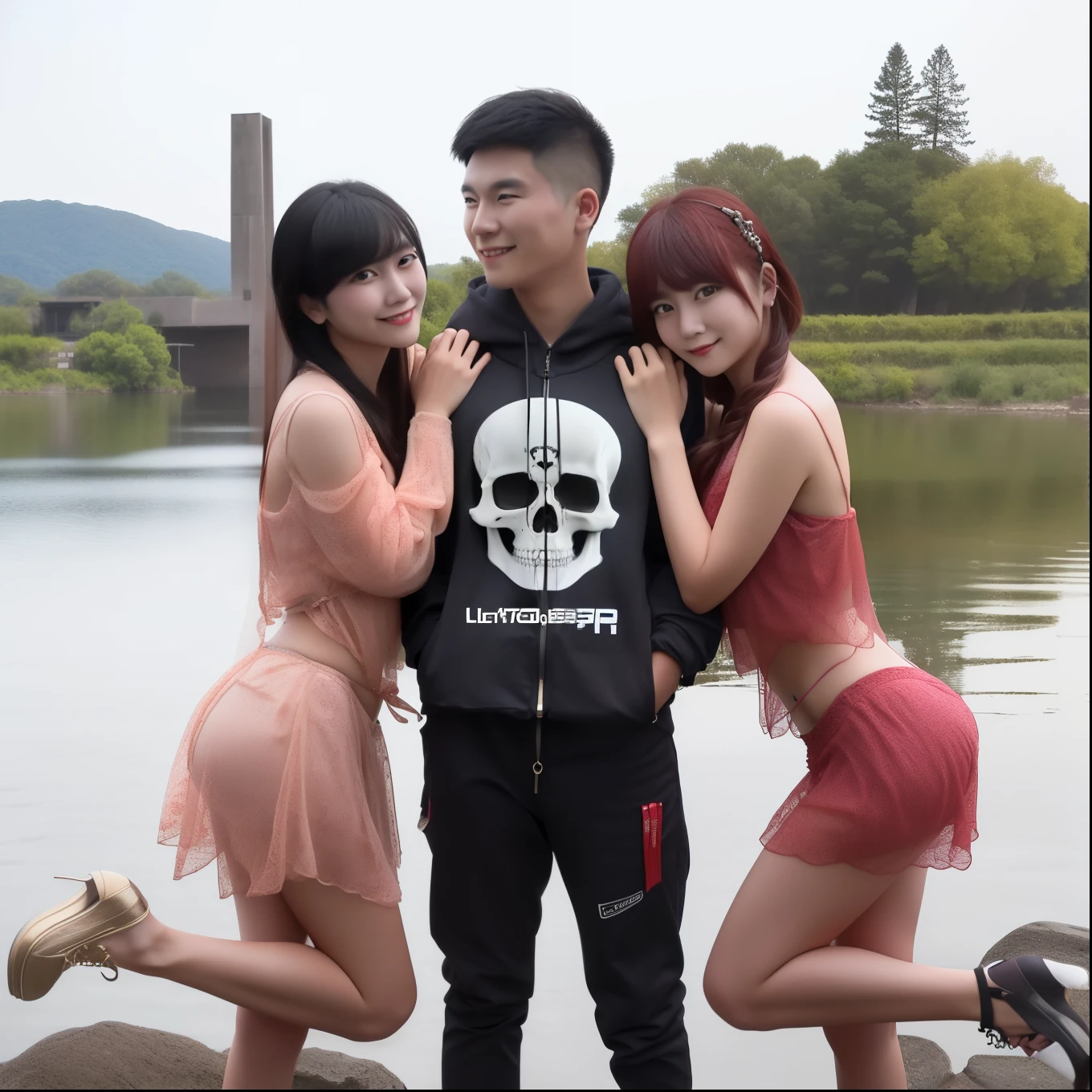 three asian people posing for a picture with a lake in the background, in style bikini g-string photoshoot, skull image on the vest, & jeehyung lee & wlop, killstar, profile picture 1024px, skull like, photo taken with nikon d 7 5 0, photo taken with nikon d750, live, high quality upload