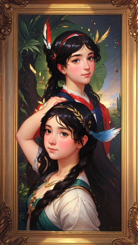 Classical art portrait painting of teen enticing with a feather, (Academic Art:1.4), Eugene De Blaas, John William Godward, Bouguereau