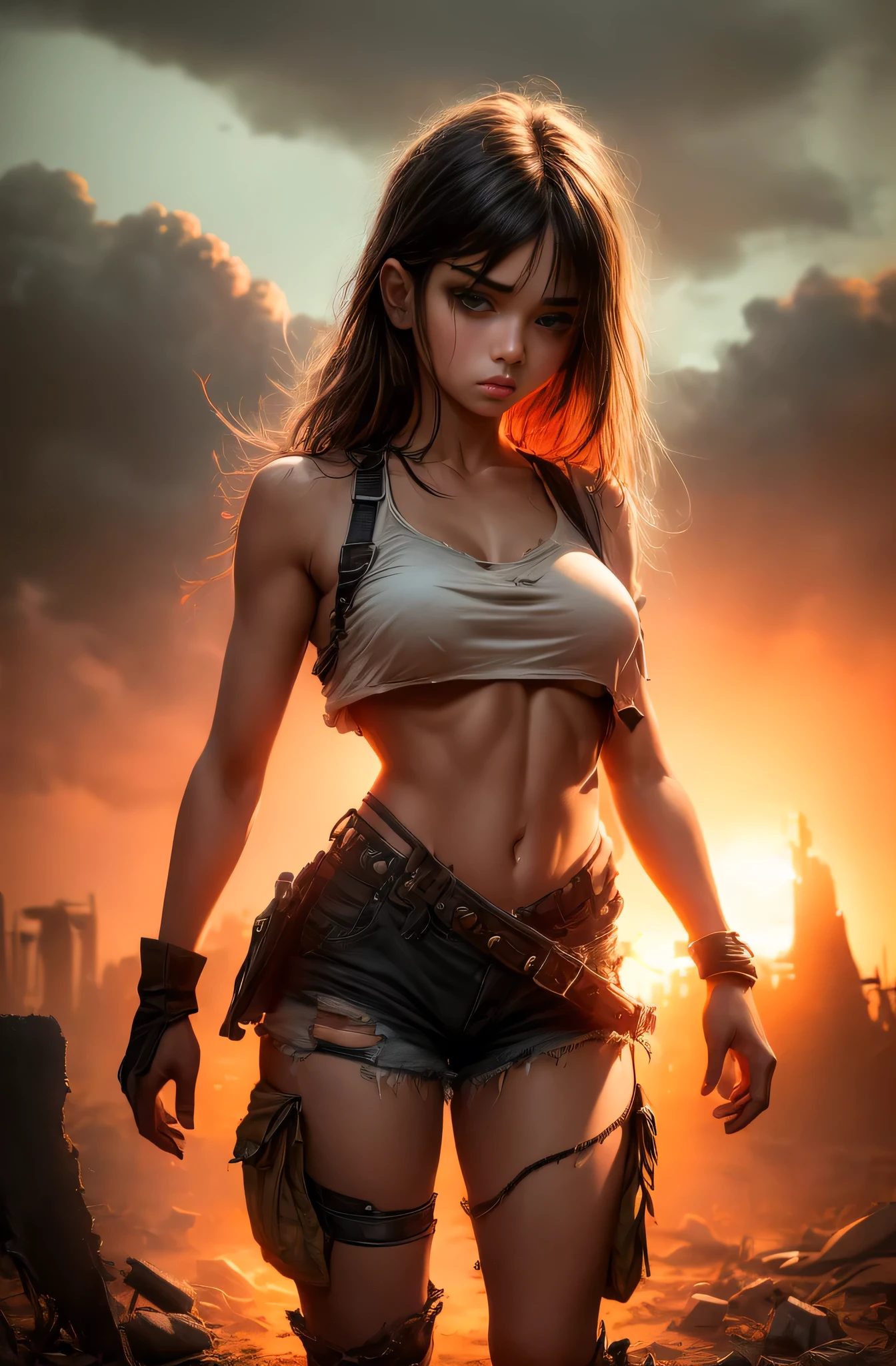 "Oil painting, 
((resilient)) girl standing amidst nuclear wasteland ruins, delicate flowers emerging from the desolation, ominous clouds casting shadows,  fires, explosions, dust, lightning, red sunset, huge large lens flare. 
((haunting beauty)), post-apocalyptic masterpiece".
 girl, tattered rags of clothes, short dark hair, desperate sad expression, ((white crop top, loose, torn, underboob)), ((low waist cargo pants, black, panties strap showing)), open jacket, realistic face, fierce, very small breasts.
low key lighting, moody, gritty, edgy.
dramatic pose, dramatic composition, low camera angle.