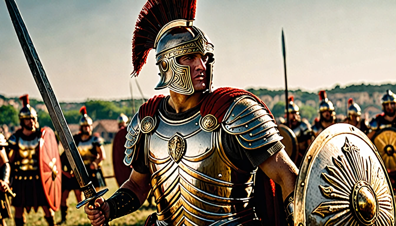 An inspiring cinematic photo of a 27-year-old young man dressed as a Roman soldier, personifying the ancient Roman Empire. His intricate metallic armor shines in the sunlight, adorned with symbols of Roman power and victory. The soldier's face is etched with terror as he holds his sword and shield with fierce determination, engaged in a duel against a ferocious enemy. The background depicts a chaotic battle with the Gauls, revealing a distant city and the emblem of the 15th Legion of the Roman Army. The atmosphere is rich with historical authenticity, intense drama, and the weight of life-and-death stakes., photo, cinematic