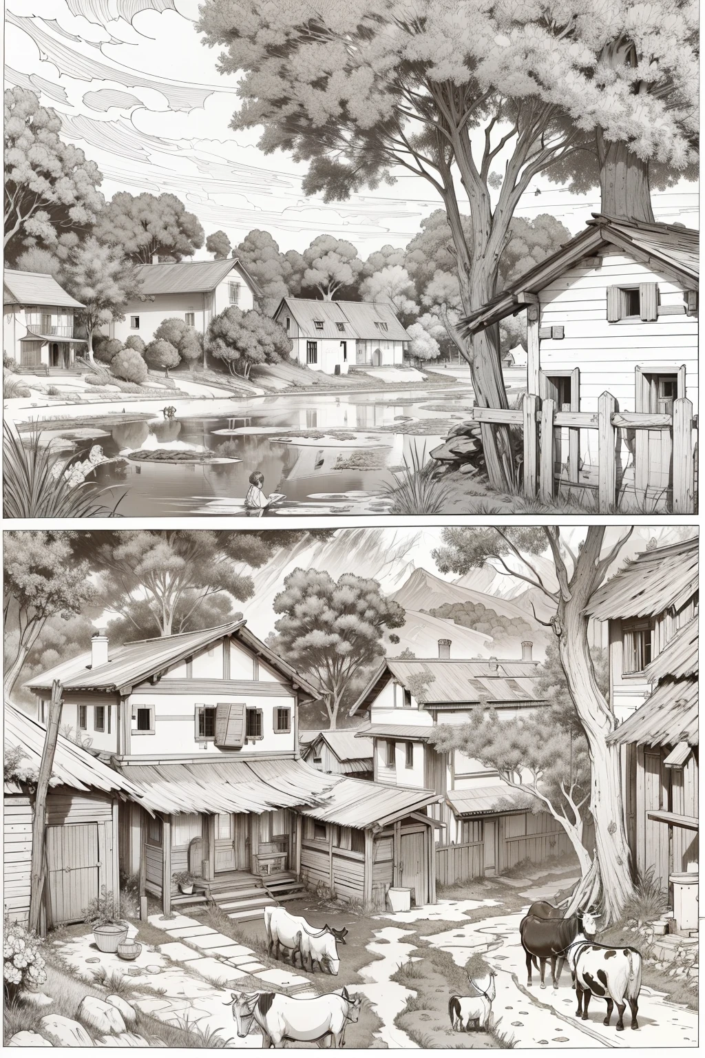 Book page coloring art, All-white background, Use only outlines, line art, coloring book, Clean line art, For coloring Simple and clean line art, coloring book page, With a brush of Alphonse Mucha, perfect detail, A peaceful village with mud houses, people doing daily chores, children playing, and animals like cows and goats. There’s a well in the center where women are drawing water.
Elements: Mud houses, a well, people, children, cows, goats, trees, and simple village roads.