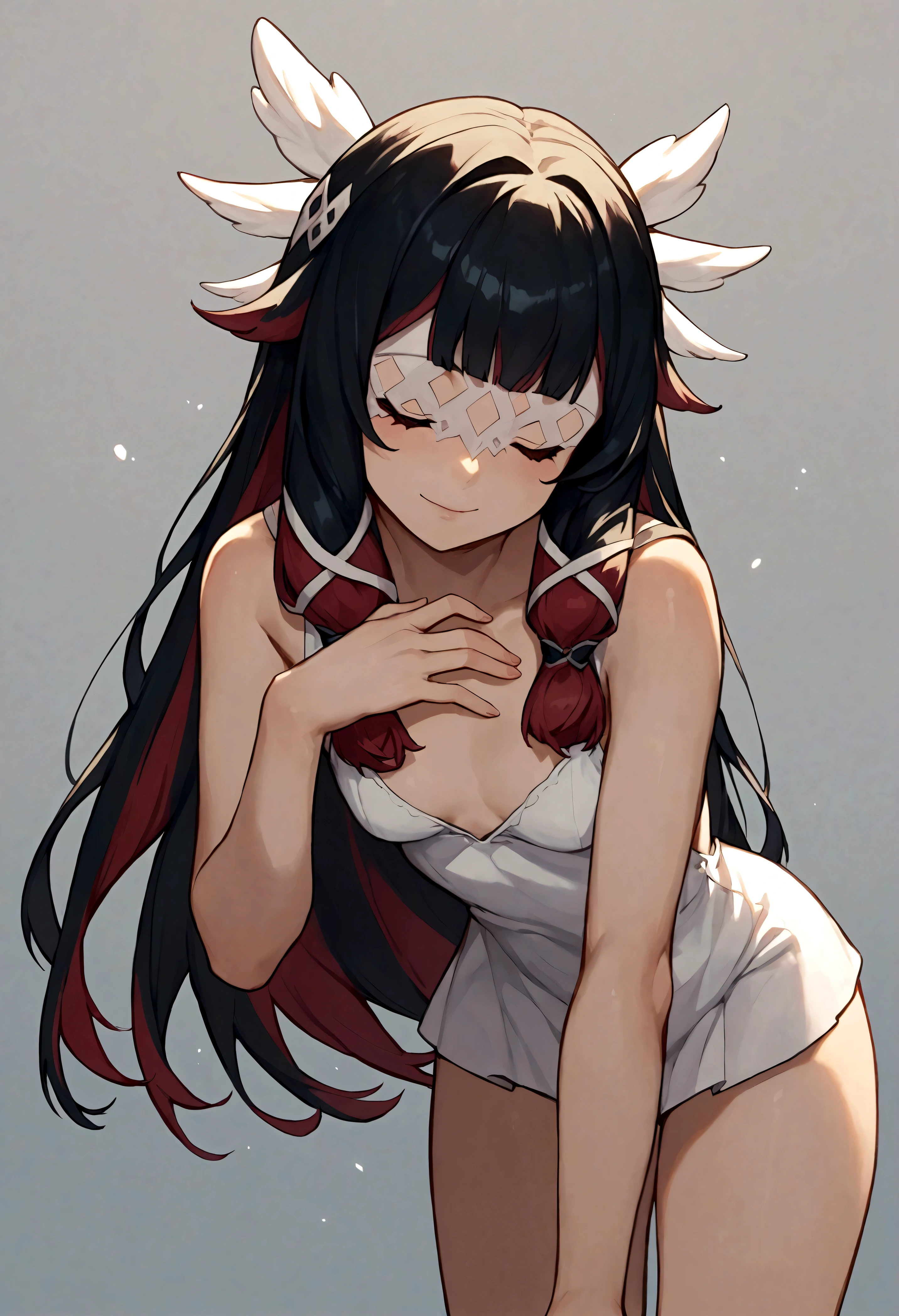 (score_9, score_8_up, score_7_up), source anime, 1girl, columbina, black hair, multicoloured hair, red hair, eye mask, head wings, white chemise dress, short dress, small breasts, leaning forward, hand over chest, closed eyes, thighs, smile, closed mouth, head tilt, black background, light particles, simple background