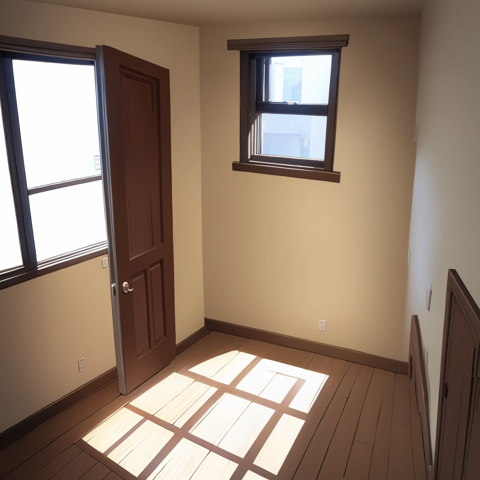 View from inside next to the door. A plain bedroom and next to it a window. Outside the window is white lighting shines. Perfect illumination.