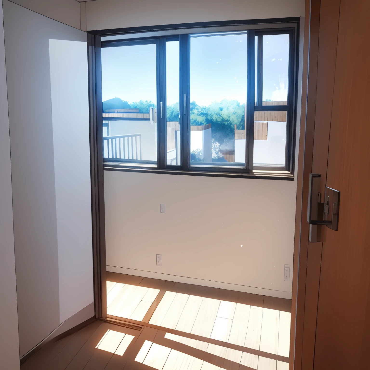 View from inside next to the door. A plain bedroom and next to it a window. Outside the window is white lighting shines. Perfect illumination.