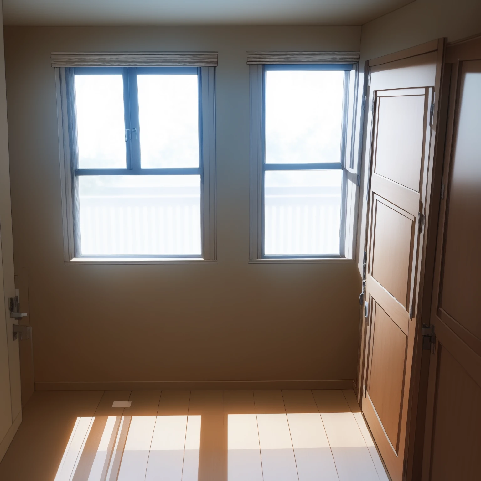View from inside next to the door. A plain bedroom and next to it a window. Outside the window is white lighting shines. Perfect illumination.