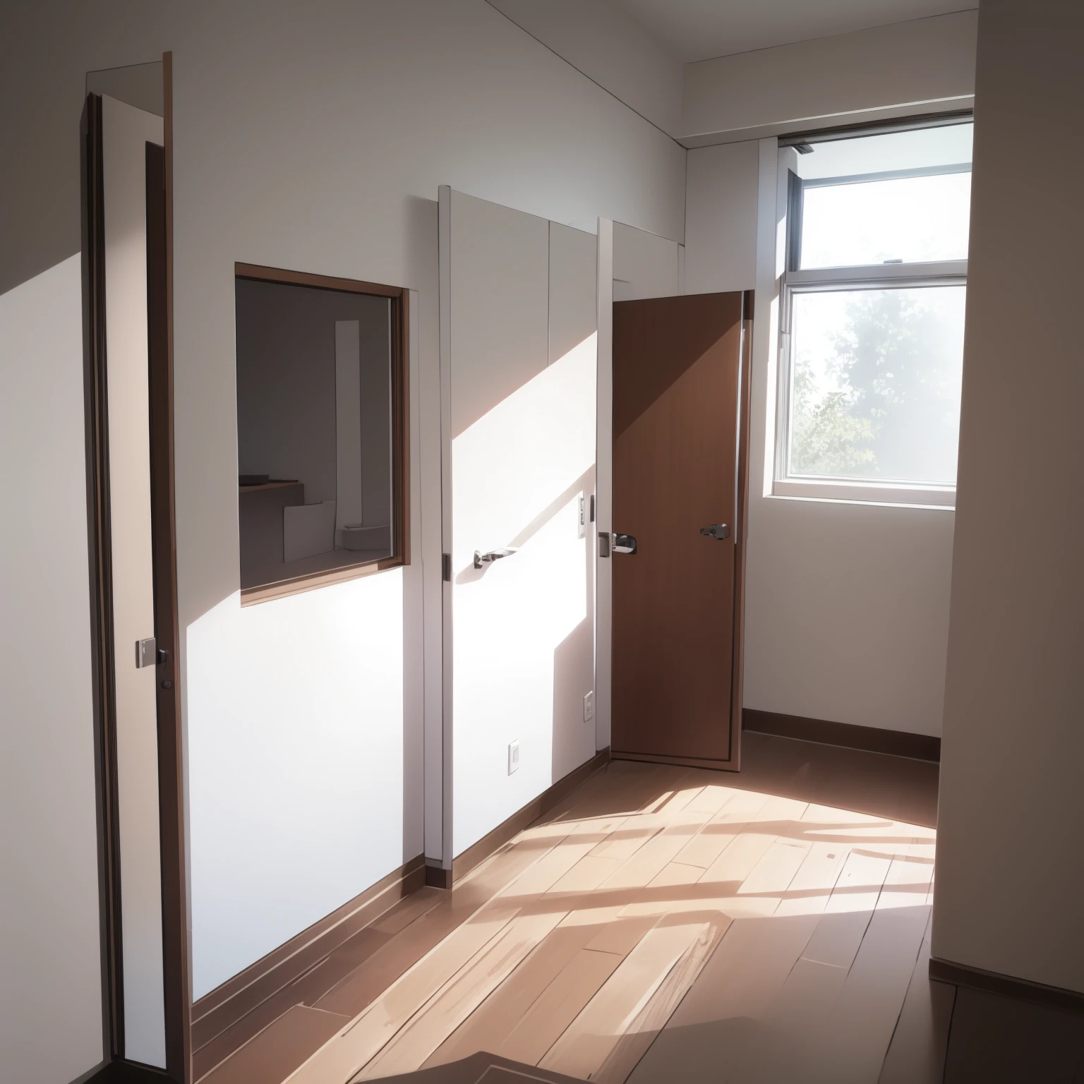 View from inside next to the door. A plain bedroom and next to it a window. Outside the window is white lighting shines. Perfect illumination.