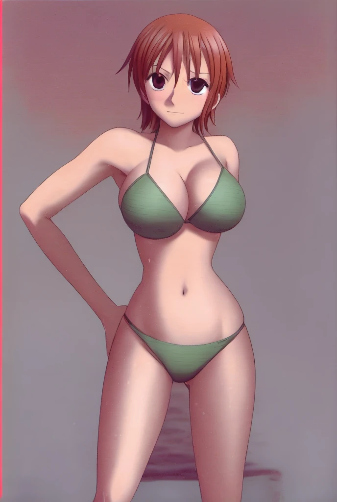 Nami, with her big breasts and beautiful legs, is standing blushing in a bikini.。