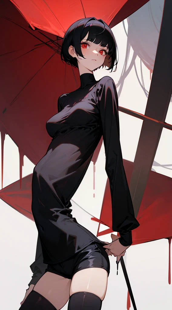 ((Best Quality)), ((Masterpiece)), (Detailed), Girl with short black hair, with straight bangs, red eyes, the pupils of his eyes look at you strongly, tall and slender, very beautiful and feminine features, with loose black clothing, wearing shorts with long black stockings, short hair, nice breasts