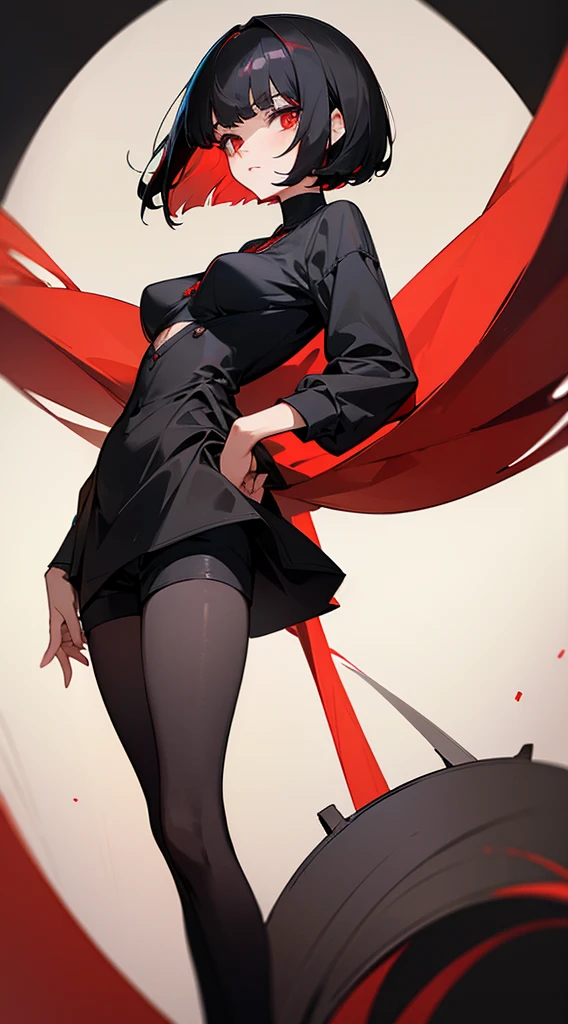 ((Best Quality)), ((Masterpiece)), (Detailed), Girl with short black hair, with straight bangs, red eyes, the pupils of his eyes look at you strongly, tall and slender, very beautiful and feminine features, with loose black clothing, wearing shorts with long black stockings, short hair, nice breasts