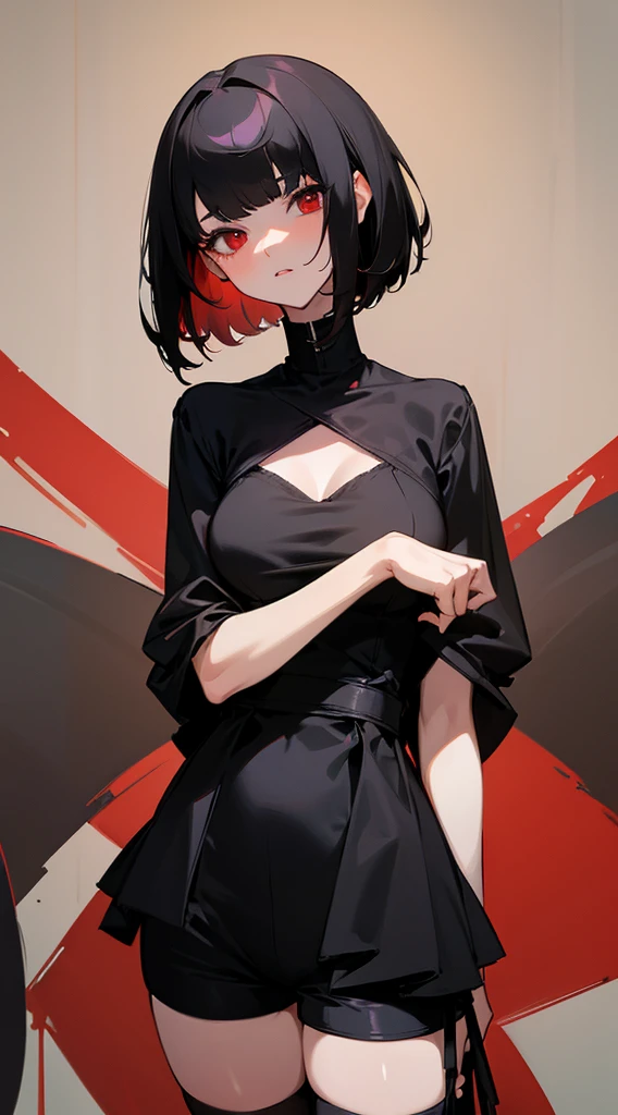 ((Best Quality)), ((Masterpiece)), (Detailed), Girl with short black hair, with straight bangs, red eyes, the pupils of his eyes look at you strongly, tall and slender, very beautiful and feminine features, with loose black clothing, wearing shorts with long black stockings, short hair, nice breasts