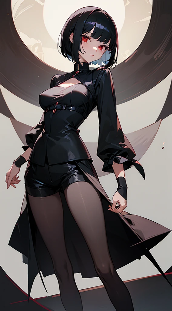 ((Best Quality)), ((Masterpiece)), (Detailed), Girl with short black hair, with straight bangs, red eyes, the pupils of his eyes look at you strongly, tall and slender, very beautiful and feminine features, with loose black clothing, wearing shorts with long black stockings, short hair, nice