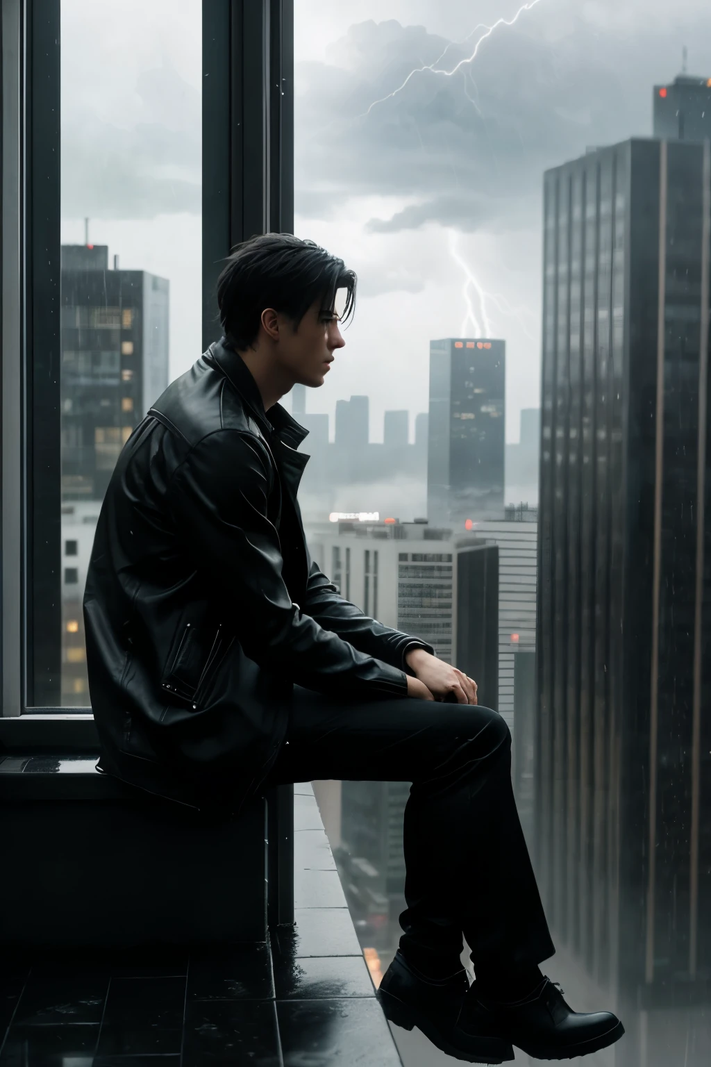 Matte painting, gloomy weather, man sitting on the edge of the windowsill with sad expression, heavy rain outside the window, lightning constantly, tall buildings, (realistic 3D style: 1.1), (anime realistic style: 0.9), (handsome: 1.2), (anime pose: 1.1), (urban environment: 1.1), (smooth anime CG art: 1.1), (high quality: 1.1), (badass: 0.9), (8K: 1.1), young anime: 1.1.