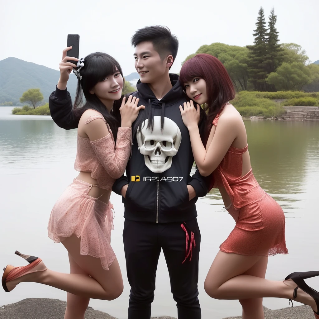 three asian people posing for a picture with a lake in the background, in style bikini g-string photoshoot, skull image on the vest, & jeehyung lee & wlop, killstar, profile picture 1024px, skull like, photo taken with nikon d 7 5 0, photo taken with nikon d750, live, high quality upload