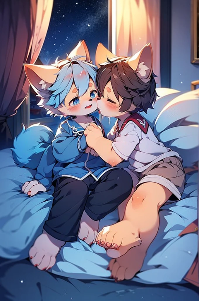 Blue fur, Canine, fox motif, Couple of girls and boys, uniform、Hand in hand，Both of them are crying，many tears come out of my eyes，bed，night，kiss，Drooling，