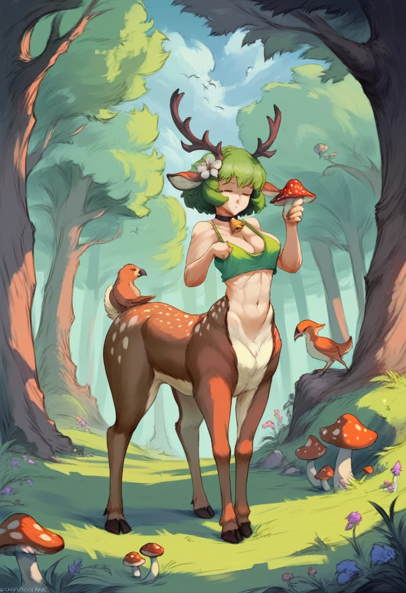 Cutesexyrobutts style, 1girl, flower, green_hair, hair_flower, hair_ornament, closed_eyes, monster_girl, animal_ears, bird, bell, deer_ears, nature, taur, short_hair, deer, forest, antlers, tree, solo, neck_bell, choker, navel, grass, mushroom, outdoors, breasts, holding