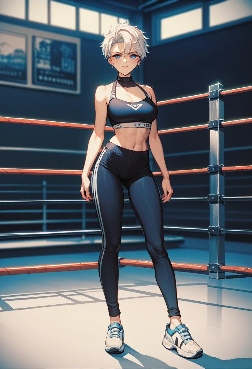2D anime picture, (anime style 1), single female arrogant boxer, 20 years old, sadistic, Japanese, pretty haircut, в сексуальном боксёрском наряде with high neck crop top, in short sport pants, in MMA gloves stands near the boxing ring, in empty gym, night
