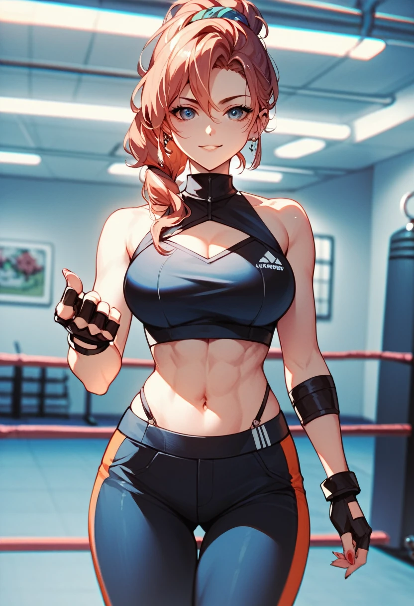  2D anime picture, (anime style 1), single female arrogant boxer, 20 years old, sadistic, Japanese, pretty haircut, в сексуальном боксёрском наряде with high neck crop top, in short sport pants, in MMA gloves stands near the boxing ring, in empty gym, night 