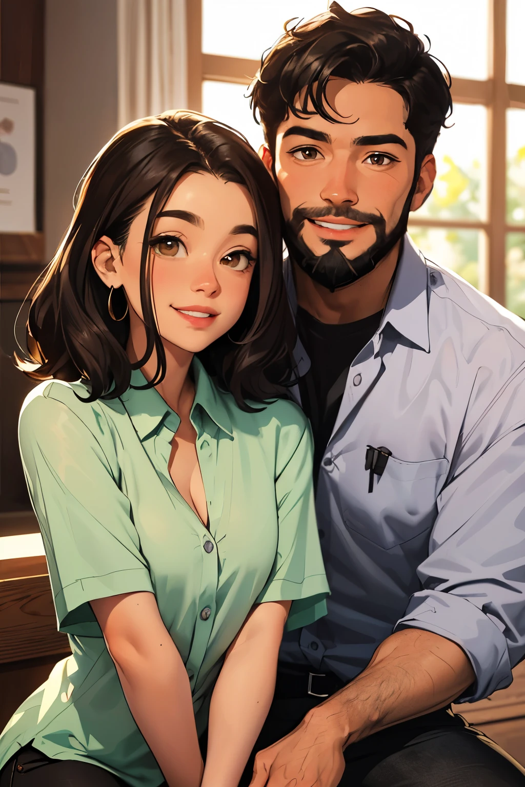 mejor calidad, dibujo pareja enamorados, brunette man with thick beard and dark black hair, Brown eyes, camisa verde, dark pants wavy woman not so curly black hair, medium hair and smiling in a lilac dress, Brown eyes