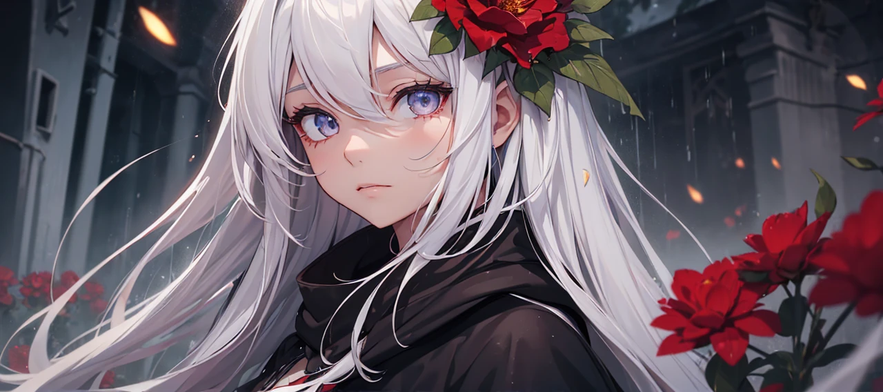 1girl,solo,1girl,solo,((beautiful detailed eyes)), (detailed light),depth of field,(white hair),silver eyes,hair over one eye,(red flower ), hair flower,long hair,black cloak,wet,emotionless,looking back,night,starfall,raining,fog,red flowers falling,sketch,upper body,intense shadows,