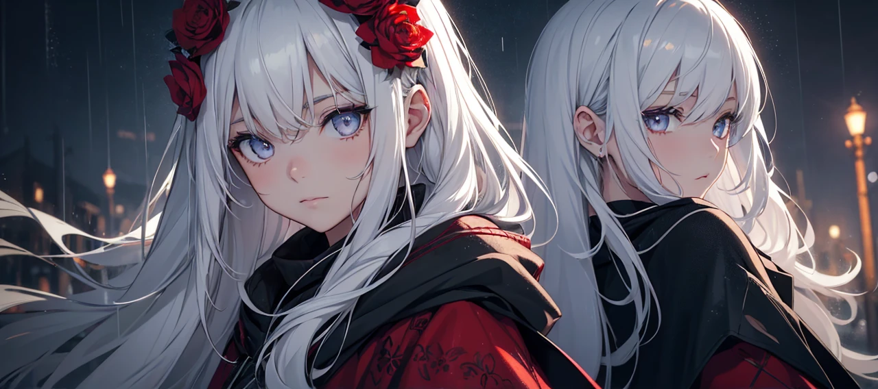 1girl,solo,1girl,solo,((beautiful detailed eyes)), (detailed light),depth of field,(white hair),silver eyes,hair over one eye,(red flower ), hair flower,long hair,black cloak,wet,emotionless,looking back,night,starfall,raining,fog,red flowers falling,sketch,upper body,intense shadows,