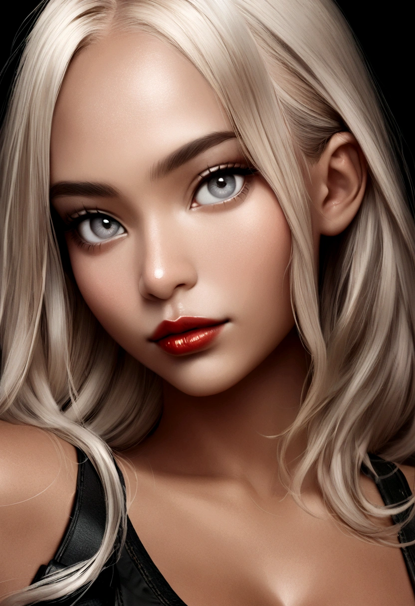 1girl,black background,grey eyes,lips,long platinum blonde hair,looking at viewer, tan skin,portrait,realistic,red lips,Raw photo,8k,realistic skin details,realistic hair details,perfect skin,8k uhd,dslr,high quality, cleavage, 
