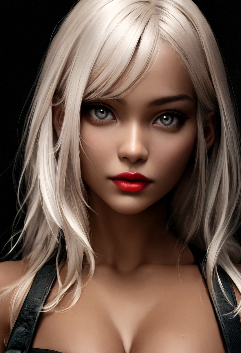 1girl,black background,grey eyes,lips,long platinum blonde hair,looking at viewer, tan skin,portrait,realistic,red lips,Raw photo,8k,realistic skin details,realistic hair details,perfect skin,8k uhd,dslr,high quality, cleavage,