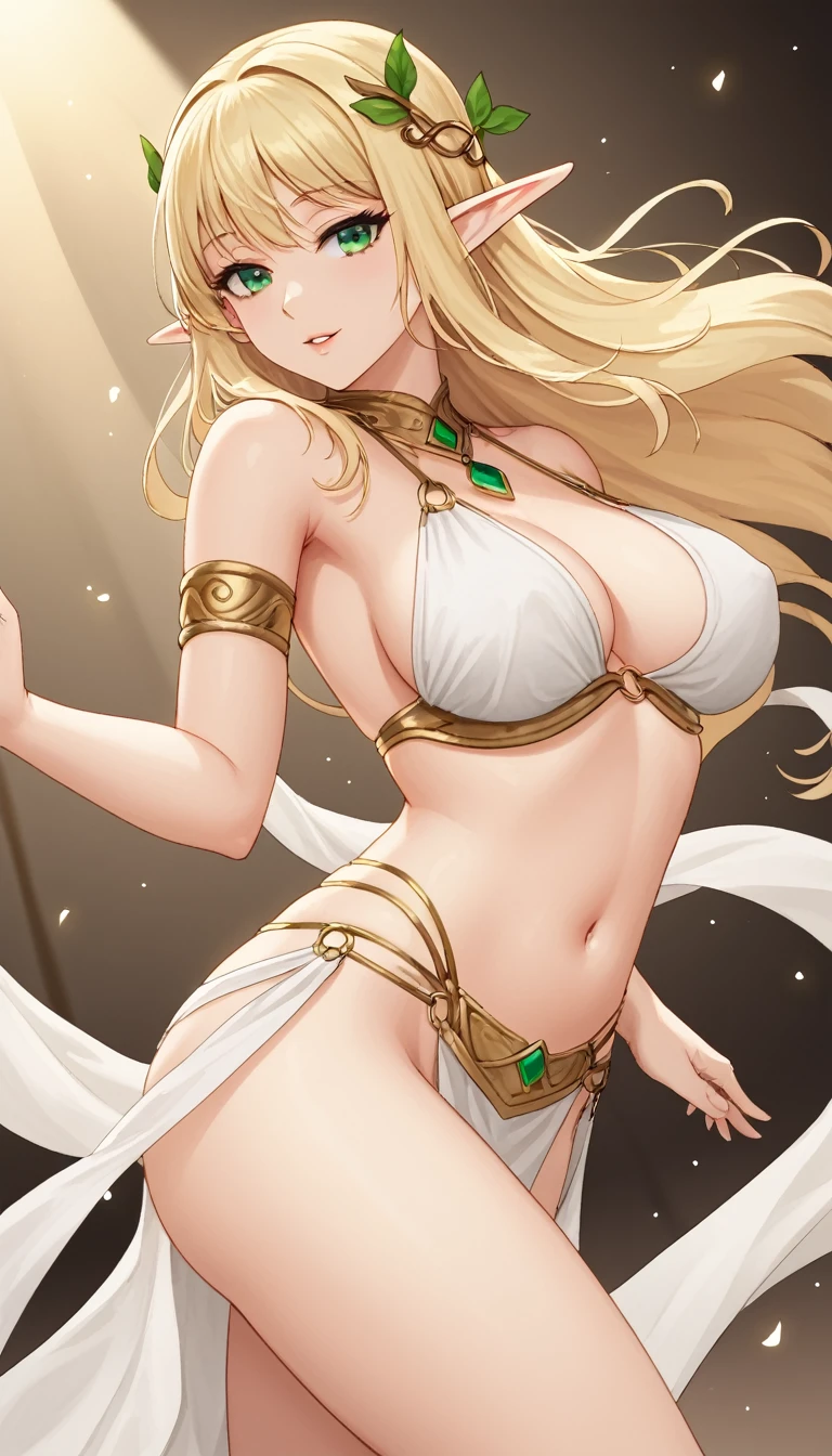 1 girl, elf ears, blonde hair, green eyes,wearing a white arabic costume , sexy,dancing, sensual 